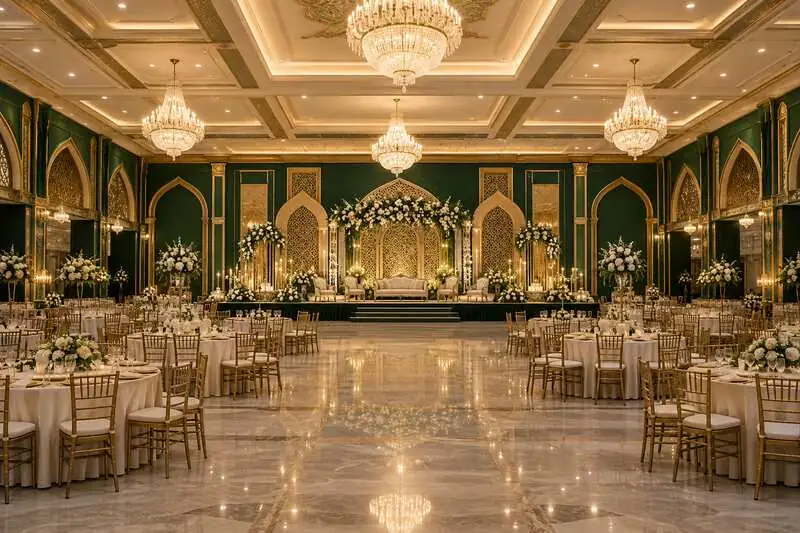 Chandeliers and a floral wedding stage at the fictional Noor Mahal Grand Ballroom